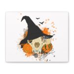 Halloween Bobcat Skull Canvas Wall Art — Witch Hat, Pumpkins & Bats Original Digital Art