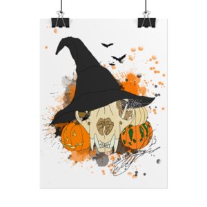 Halloween Bobcat Skull Art Poster — Witch Hat, Pumpkins & Bats (Rolled Giclée Print)