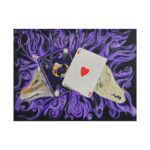 Pokerface — Coyote Ace of Hearts Art Poster | Blue-Eyed Coyote & Skull on Purple Swirls (Rolled)