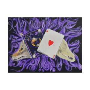 Pokerface — Coyote Ace of Hearts Art Poster | Blue-Eyed Coyote & Skull on Purple Swirls (Rolled)