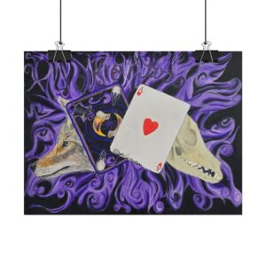 Pokerface — Coyote Ace of Hearts Art Poster | Blue-Eyed Coyote & Skull on Purple Swirls (Rolled)