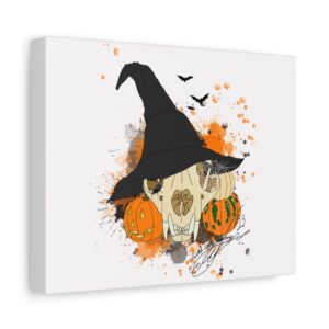 Halloween Bobcat Skull Canvas Wall Art — Witch Hat, Pumpkins & Bats Original Digital Art