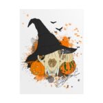 Halloween Bobcat Skull Art Poster — Witch Hat, Pumpkins & Bats (Rolled Giclée Print)