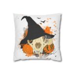 Halloween Bobcat Skull Pillowcase — Witch Hat & Pumpkins Spun Polyester Square Pillow Cover