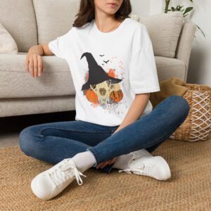 Halloween Bobcat Skull T-Shirt — Witch Hat & Pumpkins Original Art Graphic Tee