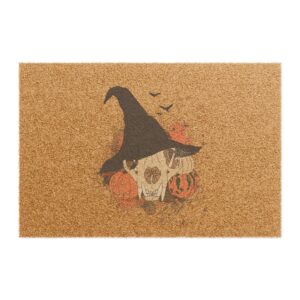 Halloween Bobcat Skull Doormat — Witch Hat, Pumpkins & Bats Coir Entrance Mat