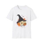 Halloween Bobcat Skull T-Shirt — Witch Hat & Pumpkins Original Art Graphic Tee